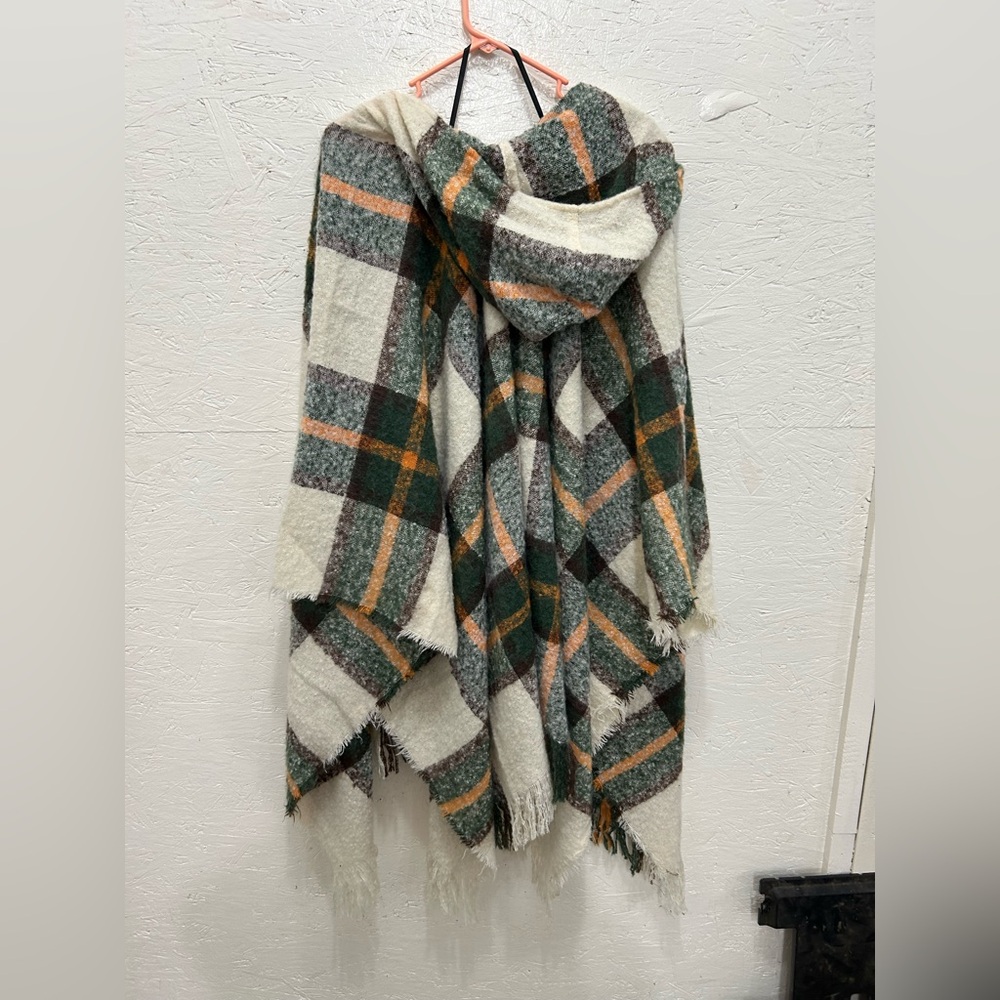 Plaid Shawl with Hood - Light tan, orange, green, brown colors